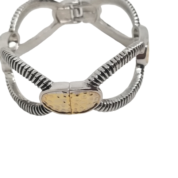 SILVER & GOLDTONE DESIGNER INSPIRED CLAMPER BRACELET - Picture 6 of 7